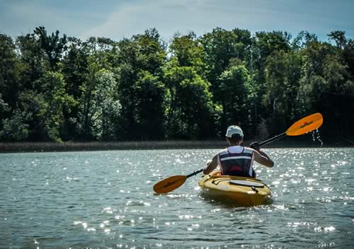 A man kayaking on a river.